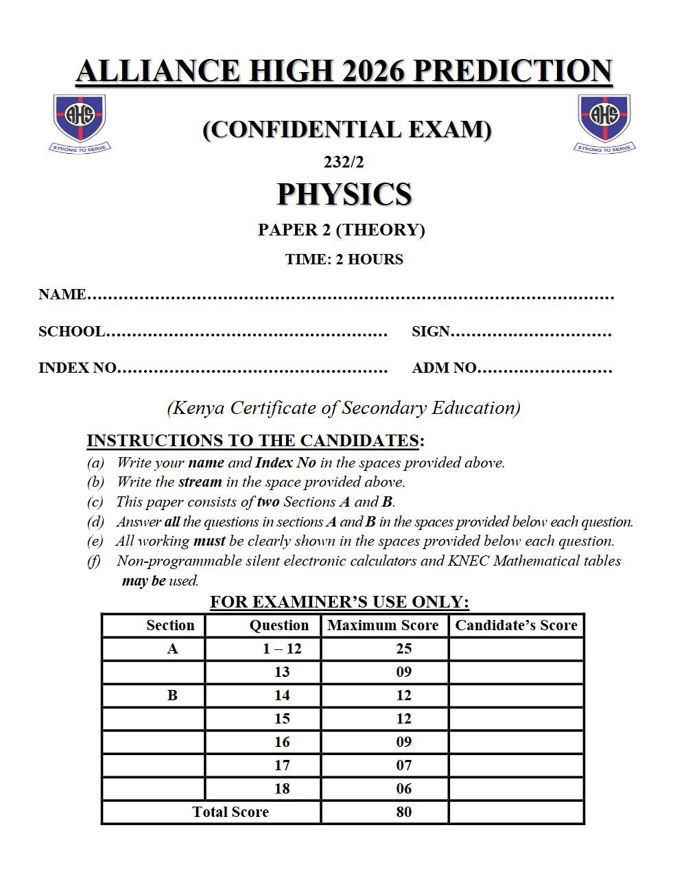 Preview of Form 4 KCSE Prediction Physics Paper 2 Prediction Paper 2026