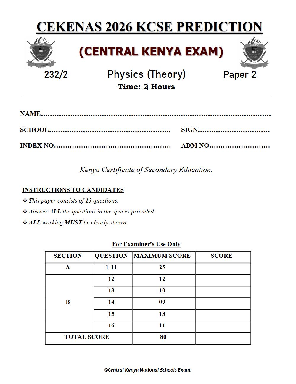 Preview of Form 4 KCSE Prediction Physics Paper 2 Prediction Paper 2026