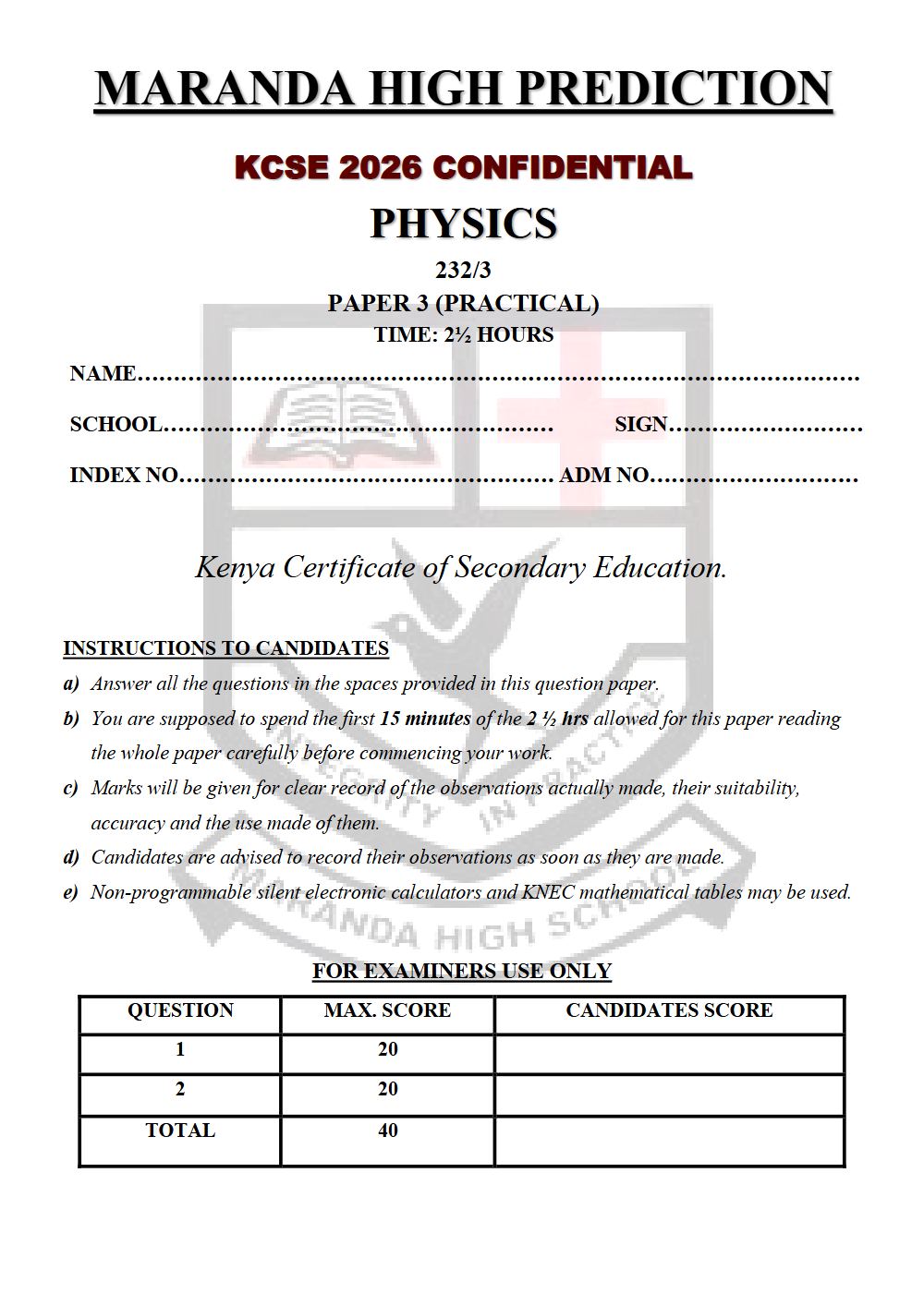 Preview of Form 4 KCSE Prediction Physics Paper 3 Prediction Paper 2026