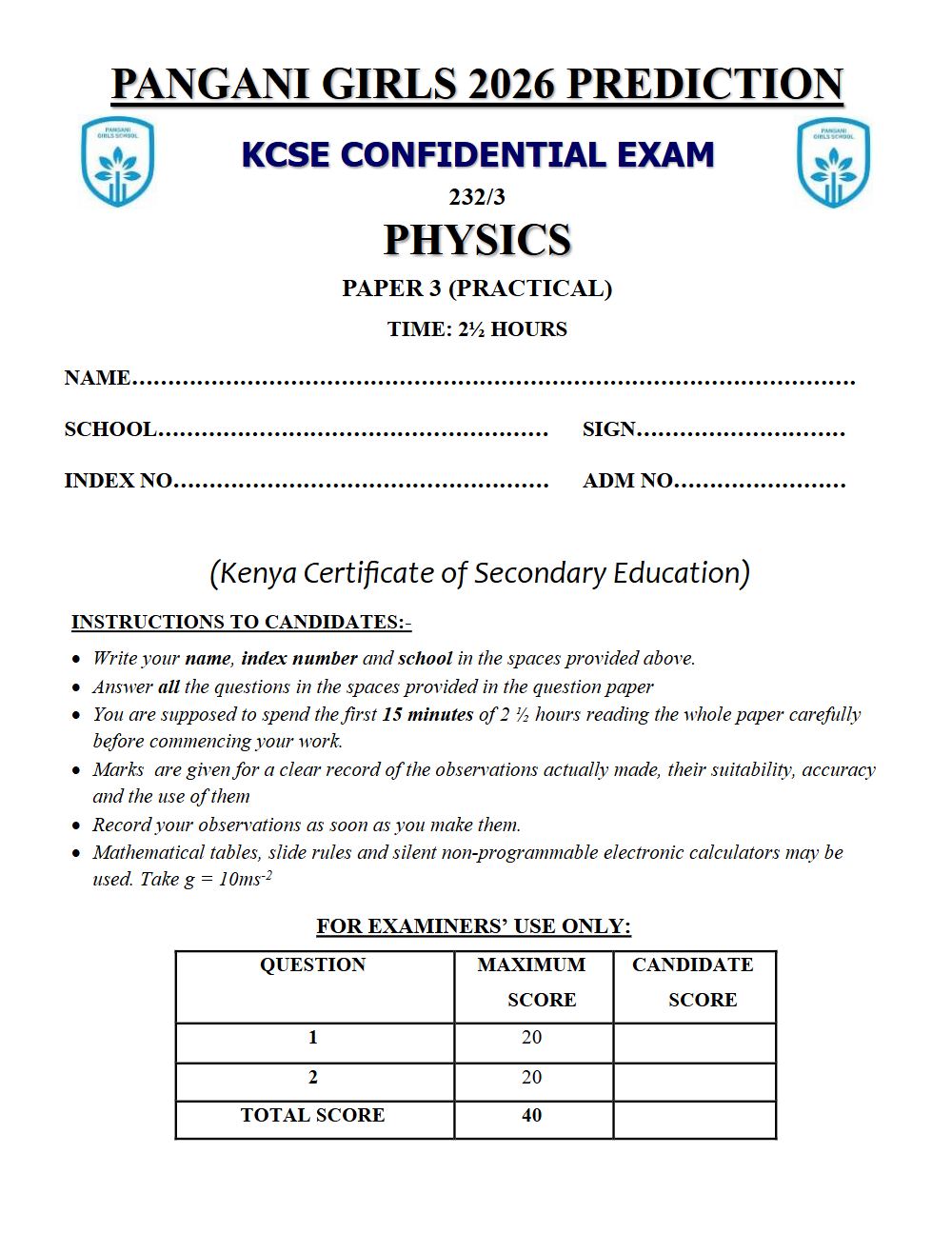 Thumbnail preview of Form 4 Physics Paper 3 KCSE Prediction 2026_29