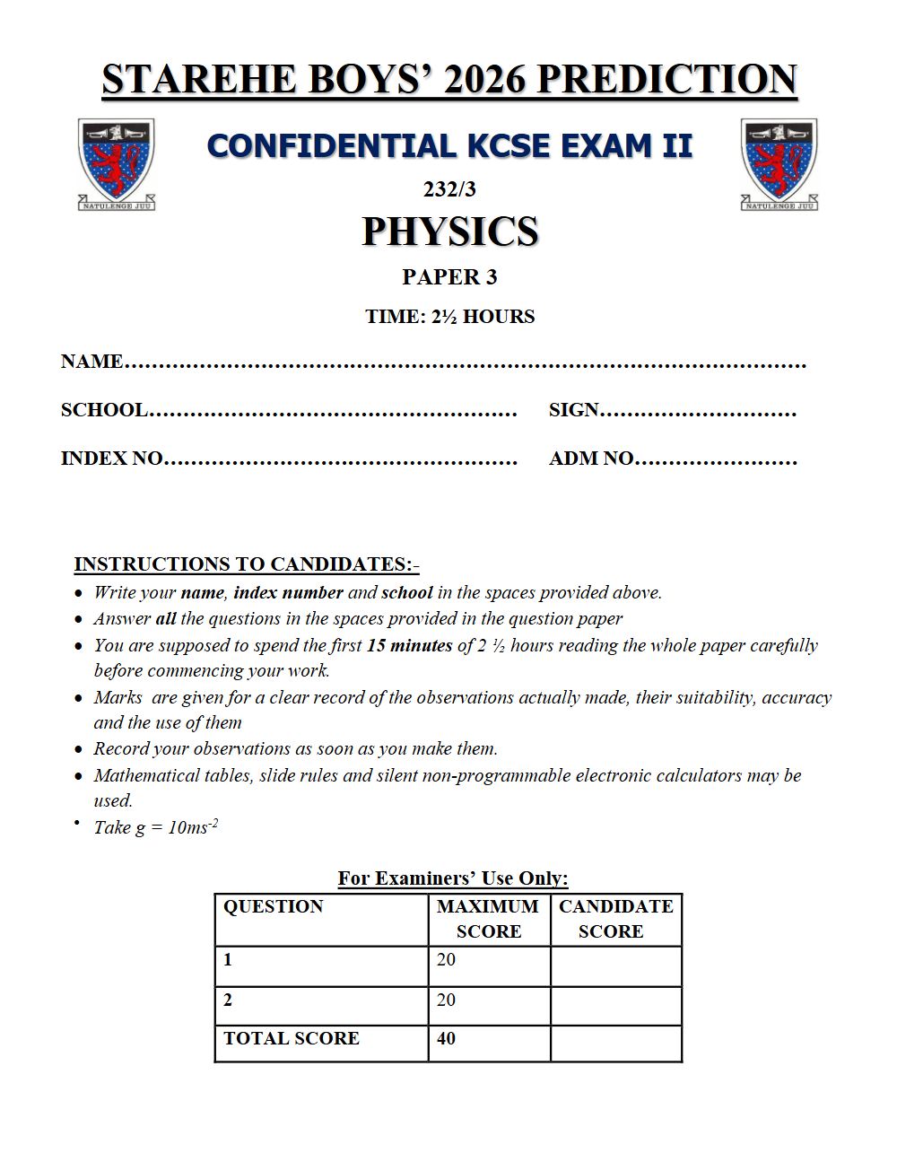 Preview of Form 4 KCSE Prediction Physics Paper 3 Prediction Paper 2026