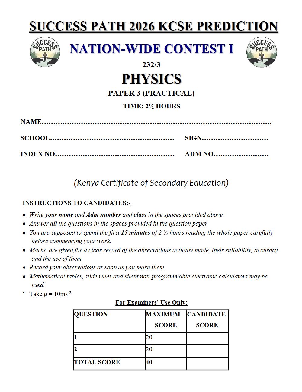 Preview of Form 4 KCSE Prediction Physics Paper 3 Prediction Paper 2026
