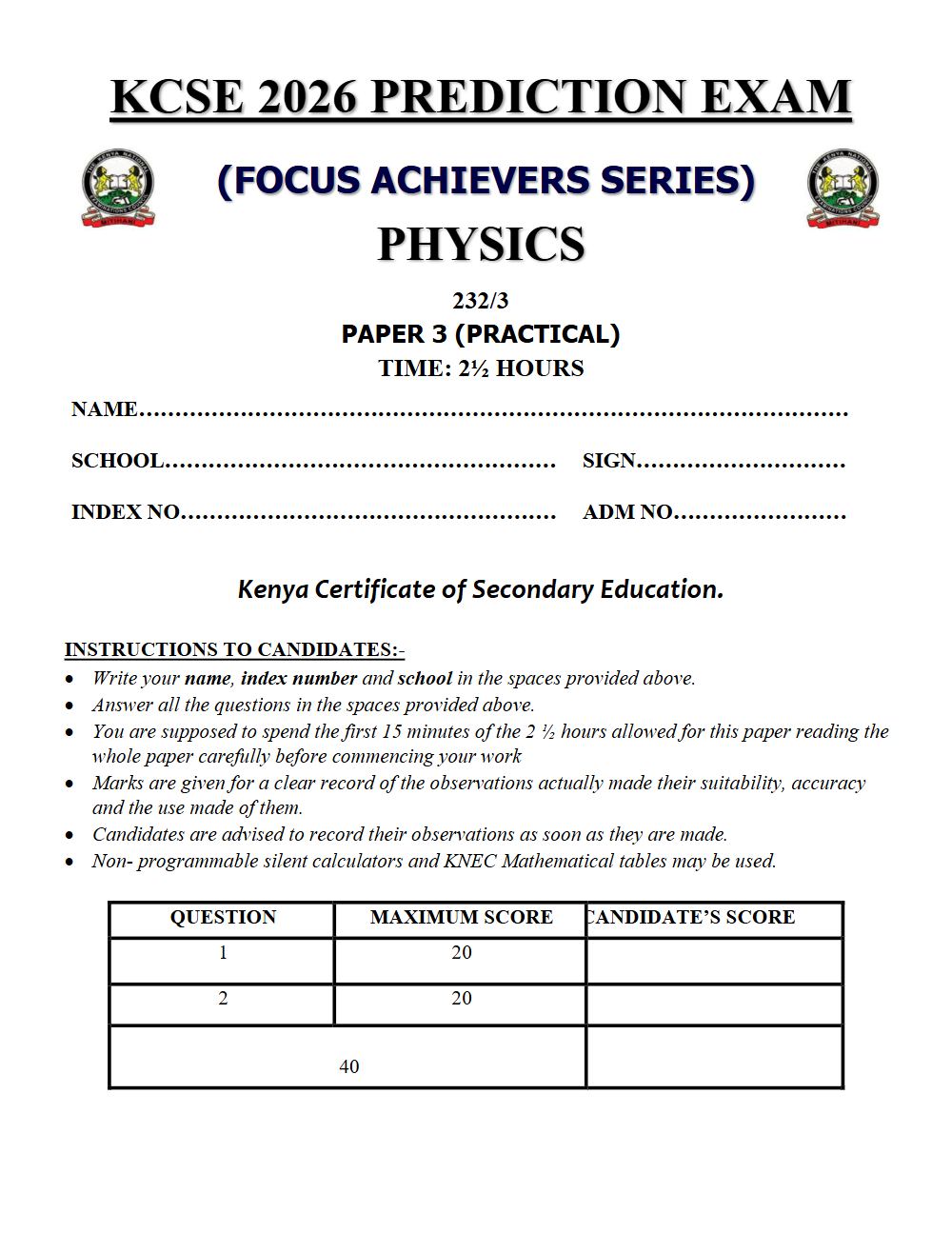 Preview of Form 4 KCSE Prediction Physics Paper 3 Prediction Paper 2026