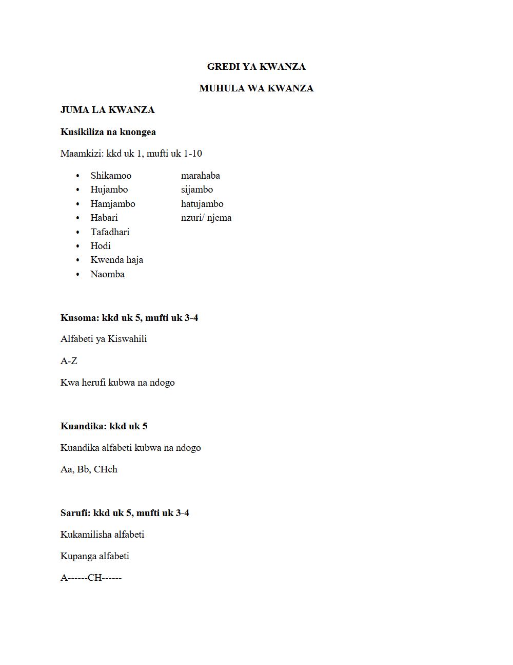 Thumbnail preview of Grade 1 Kiswahili Notes