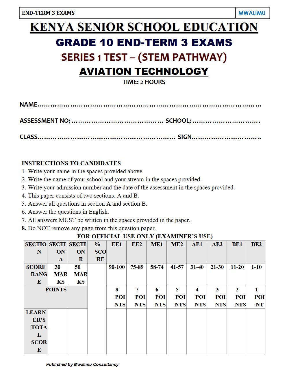 Thumbnail preview of Grade 10 Aviation Technology End Term 3 2026 Exam 6