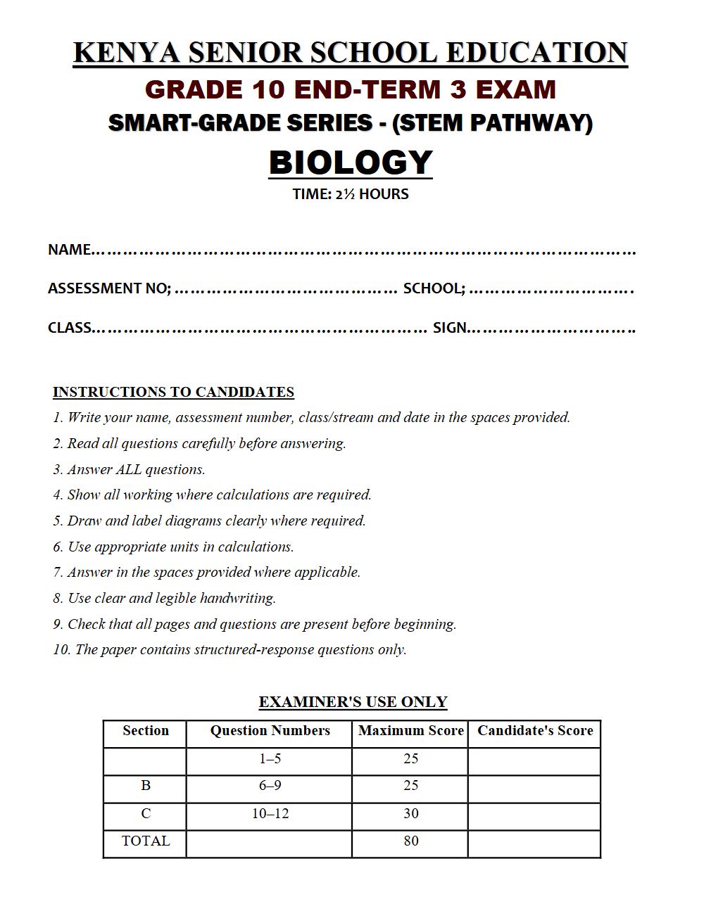 Preview of Grade 10 Biology Term 3 End-Term Exam 2026