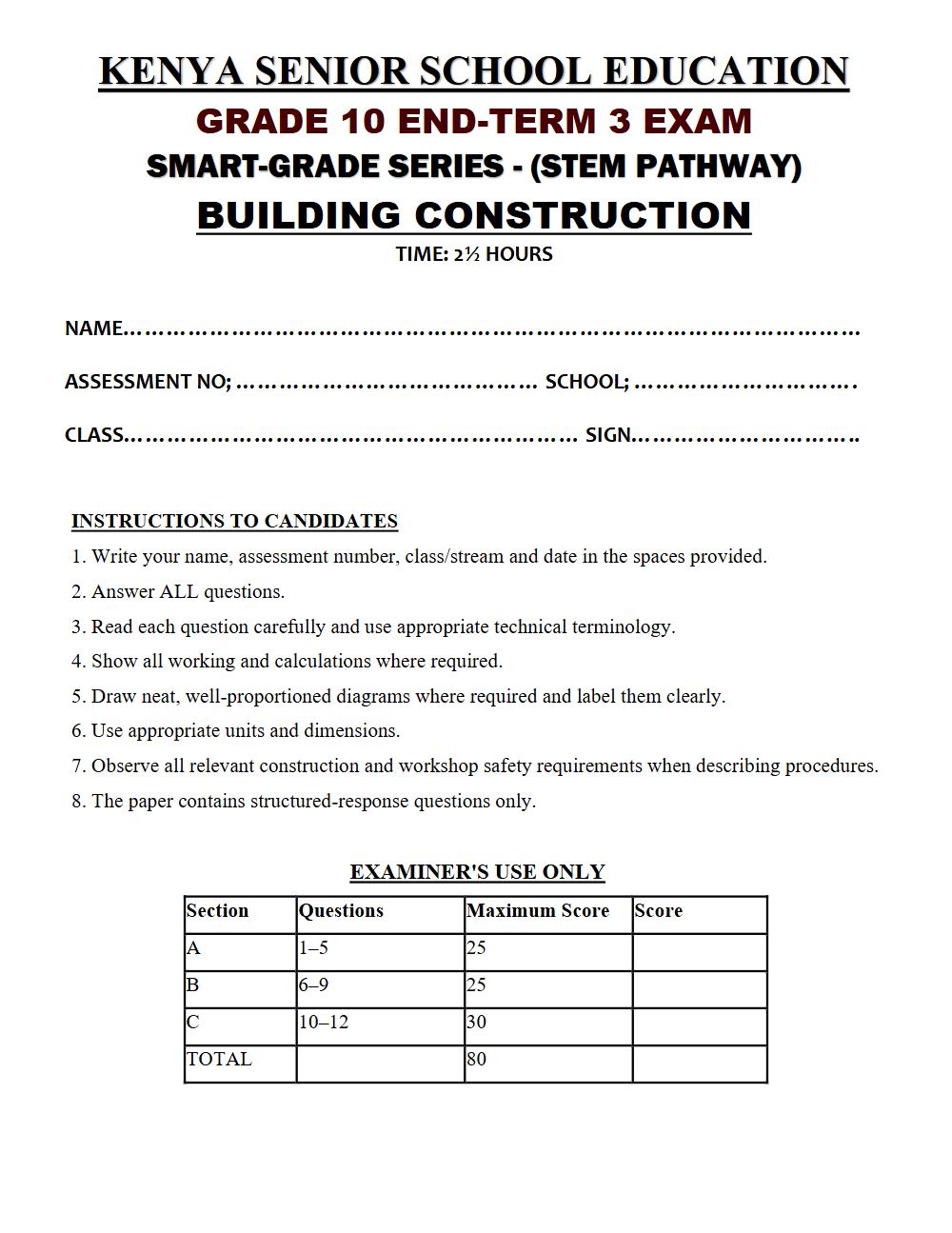 Thumbnail preview of Grade 10 Building Construction End Term 3 2026 Exam 7