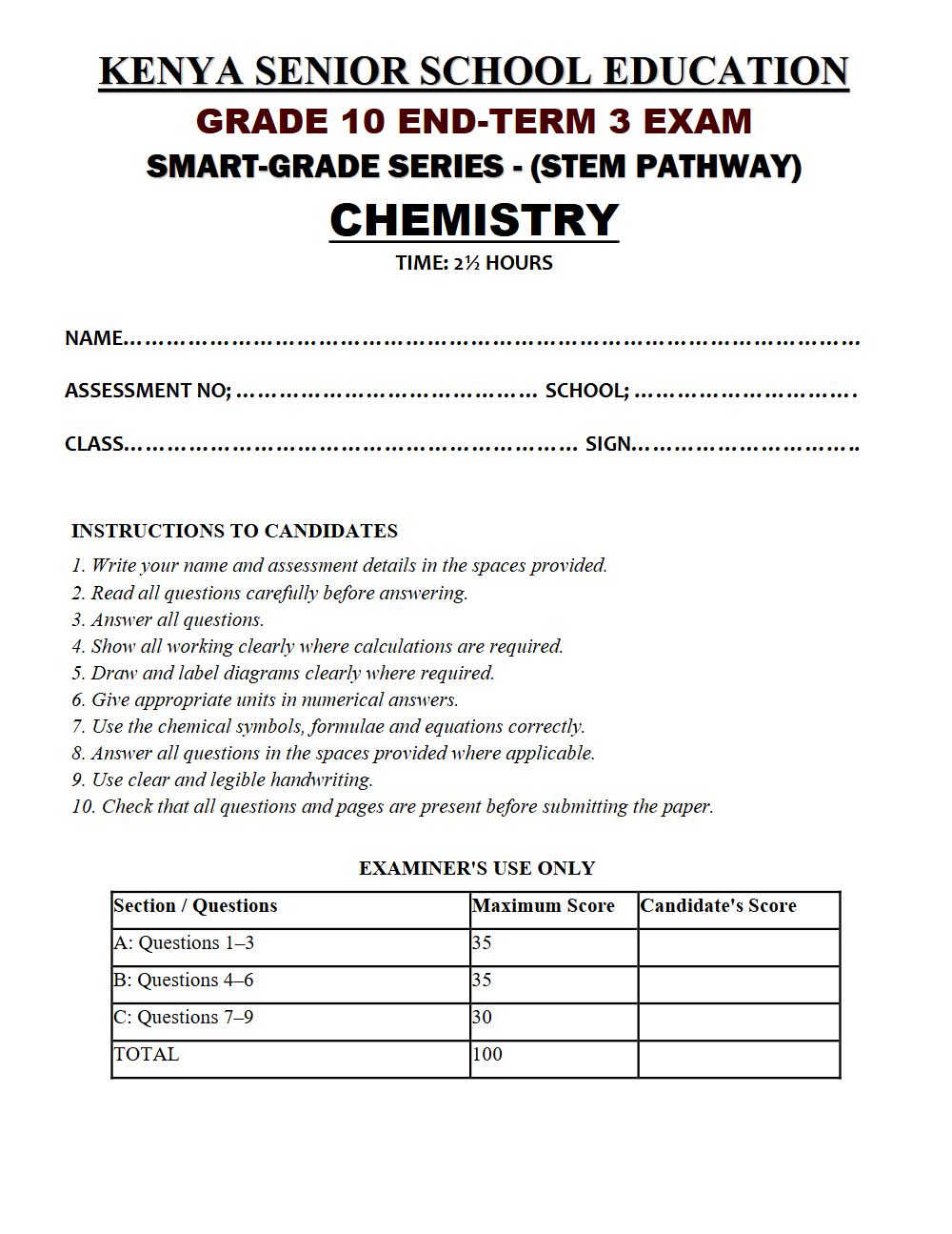 Thumbnail preview of Grade 10 Chemistry End Term 3 2026 Exam 7