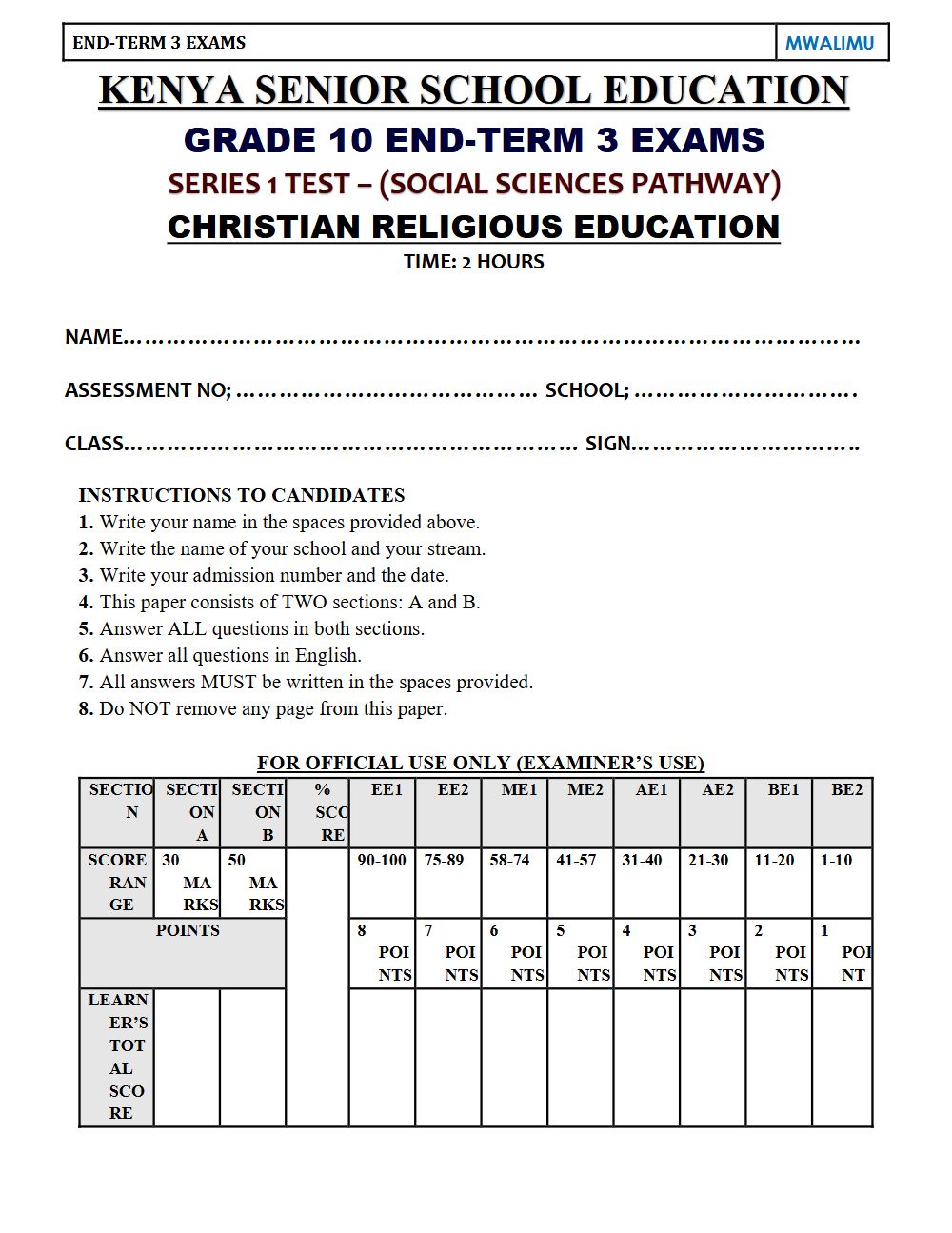 Thumbnail preview of Grade 10 Christian Religious Education End Term 3 2026 Exam 6
