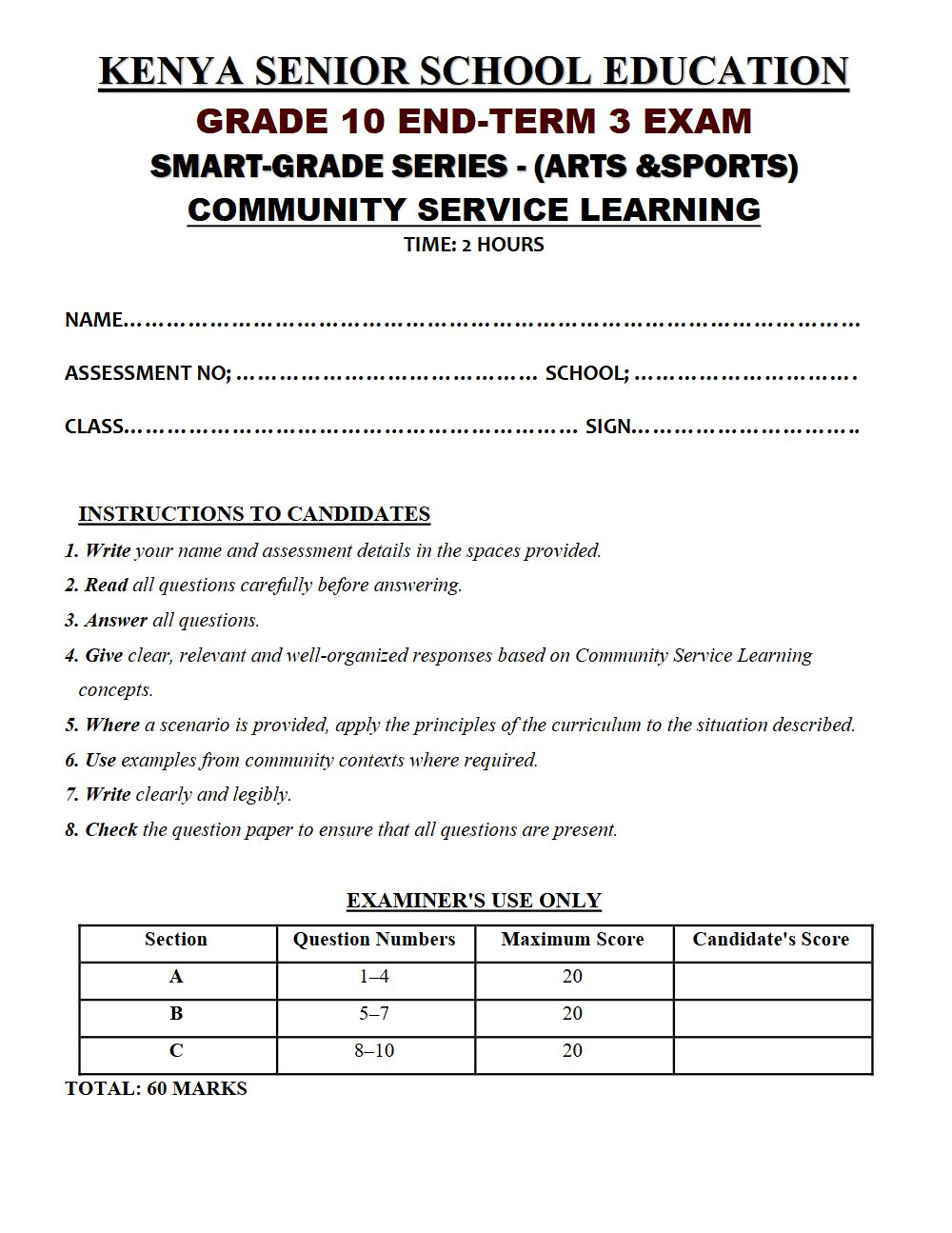 Thumbnail preview of Grade 10 Community Service Learning Paper 2 End Term 3 2026 Exam 7