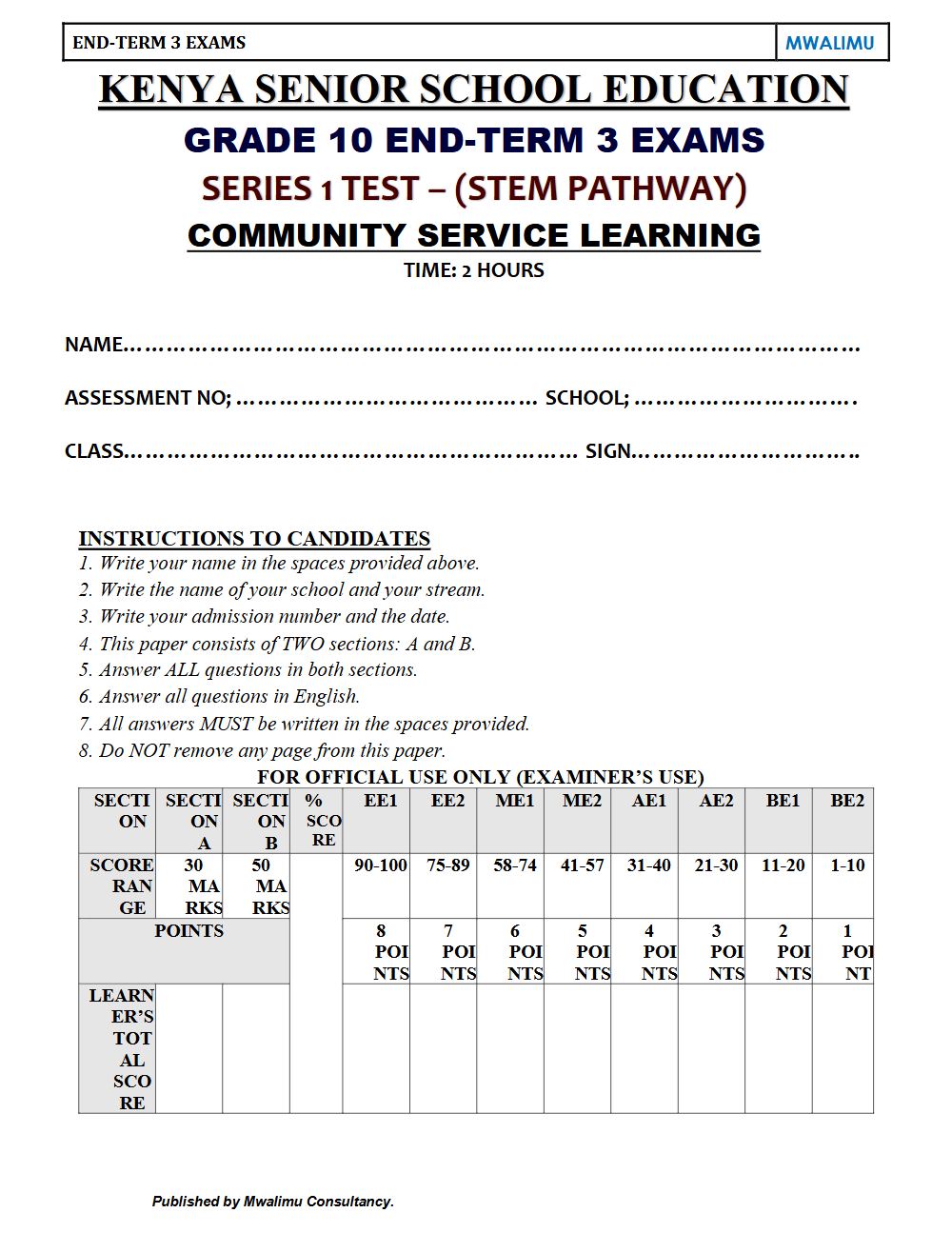 Thumbnail preview of Grade 10 Community Service Learning Paper 3 End Term 3 2026 Exam 6