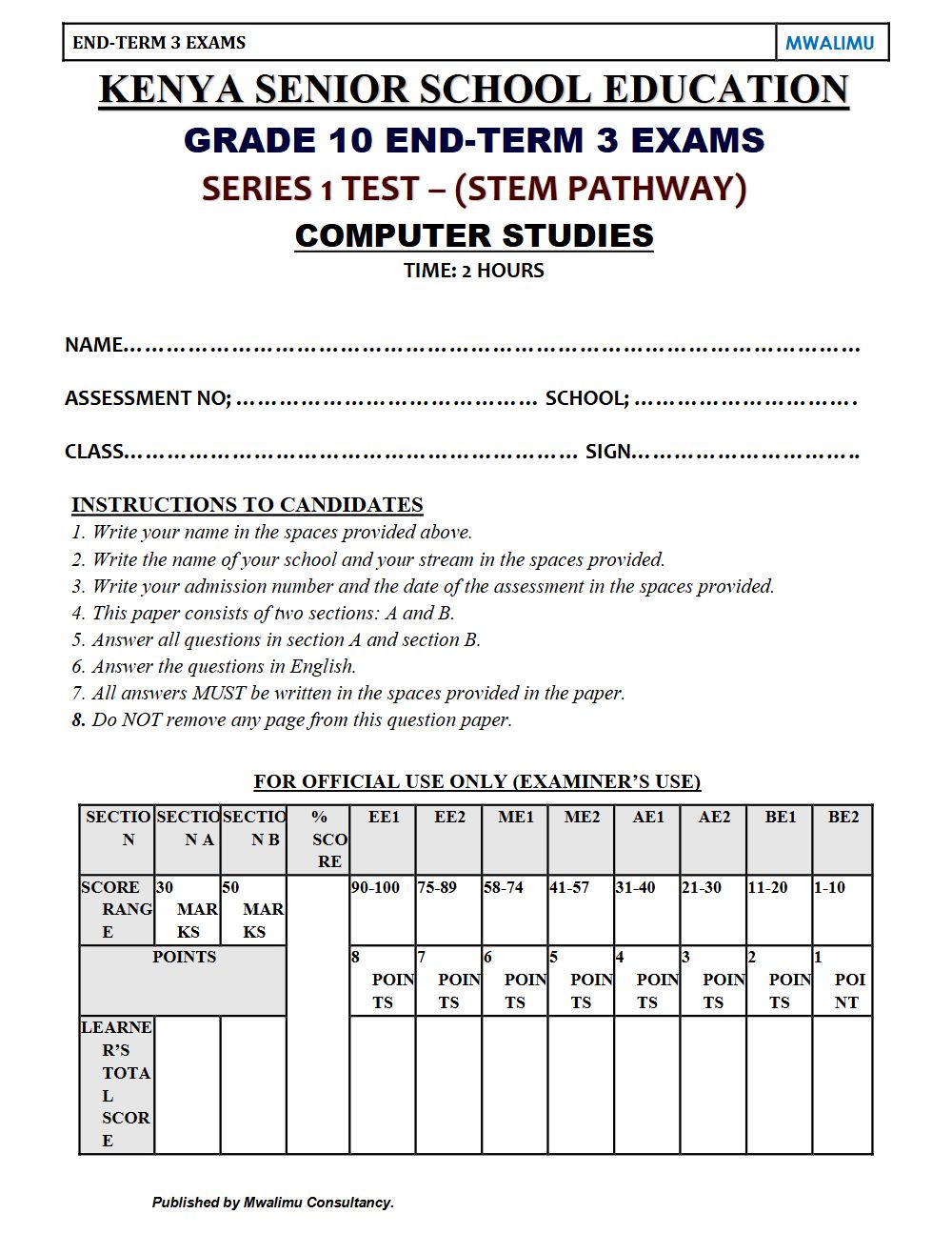 Preview of Grade 10 Computer Studies Term 3 End-Term Exam 2026