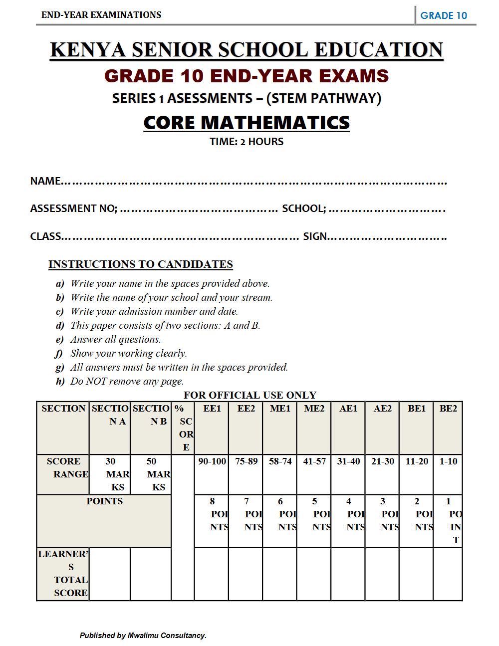 Preview of Grade 10 Core Mathematics Term 3 End-Term Exam 2026