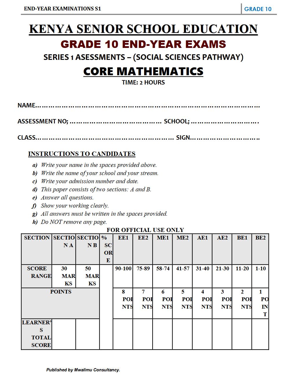 Preview of Grade 10 Core Mathematics End Term Exam 2026