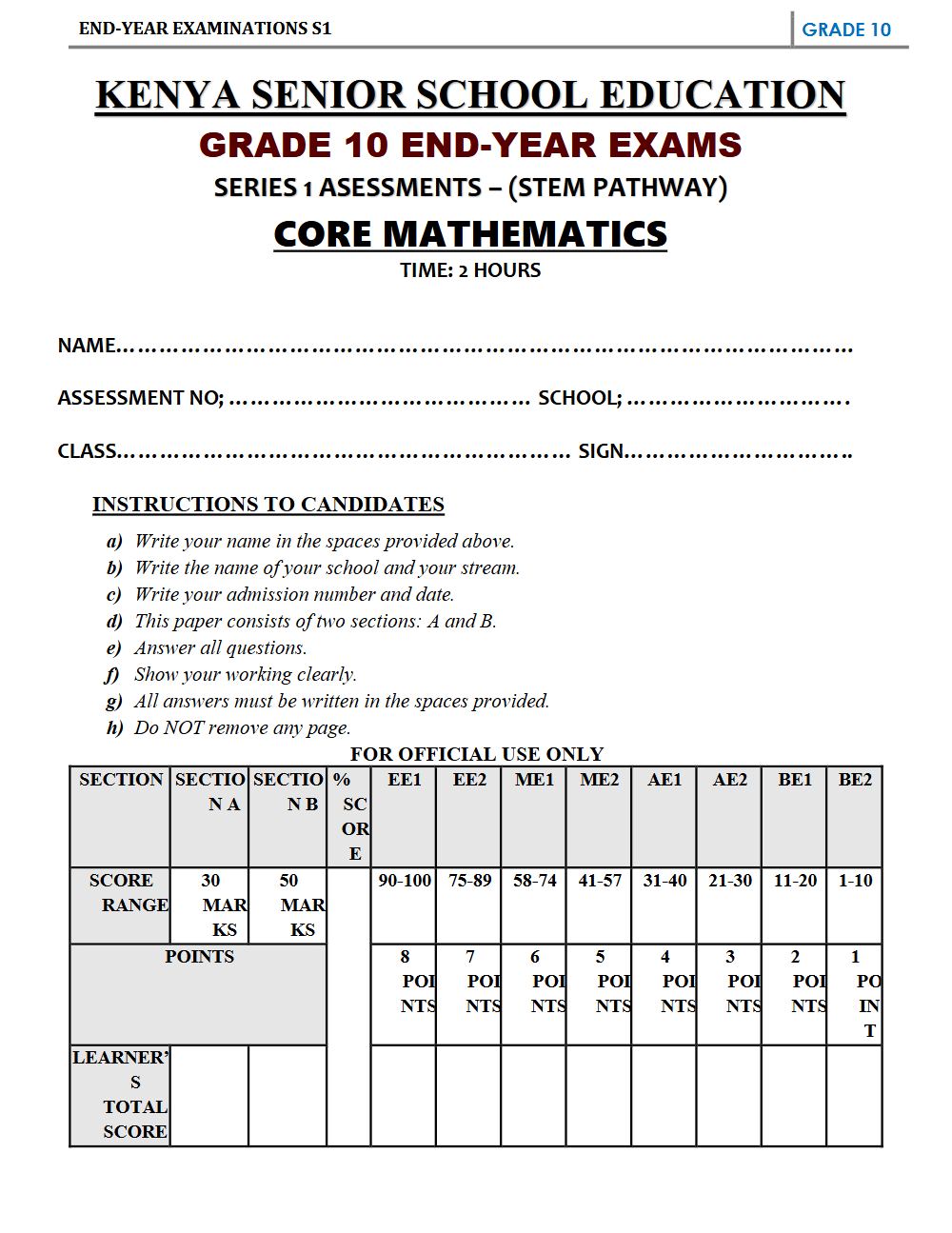 Thumbnail preview of Grade 10 Core Mathematics End Year Exam 1 2026_4