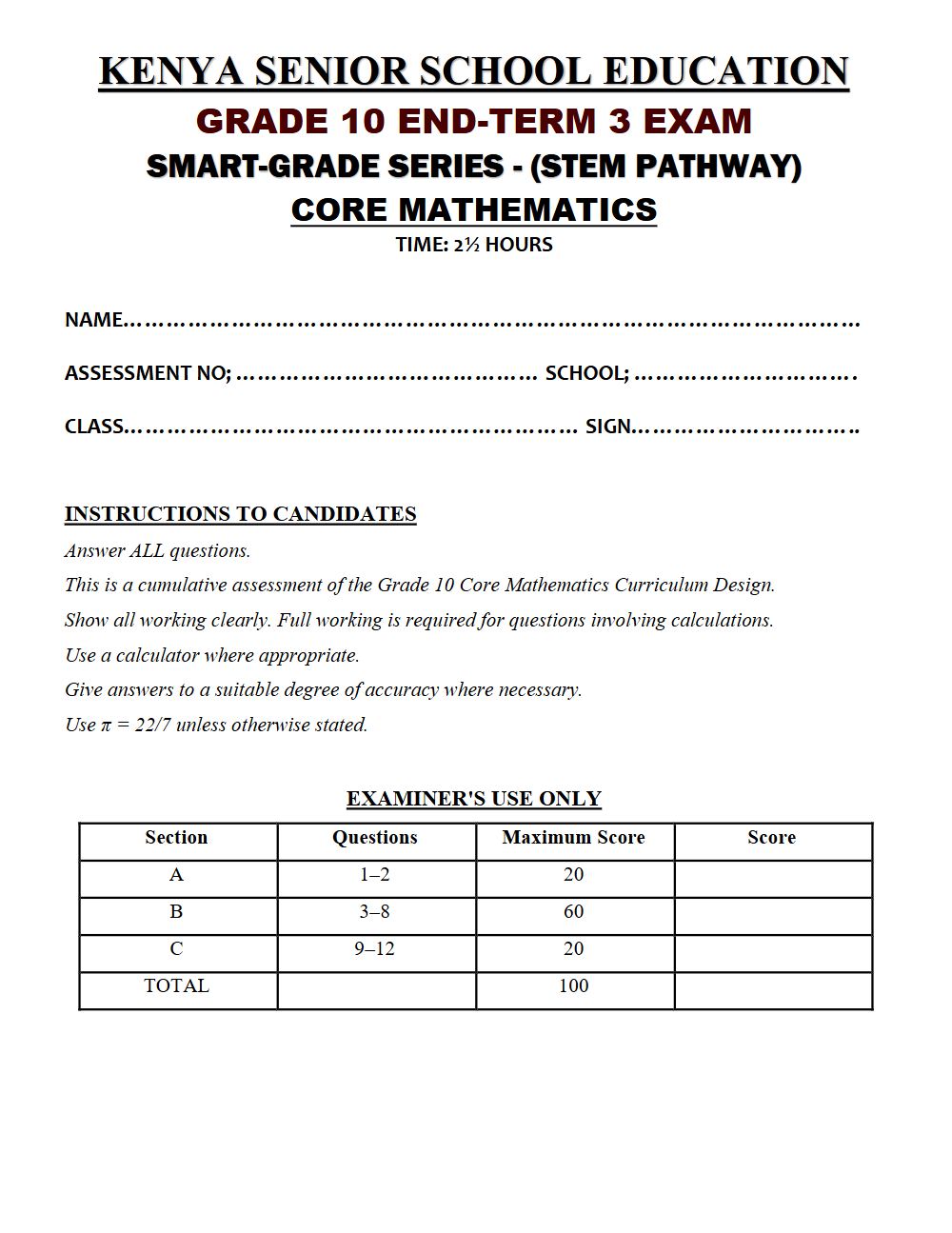 Thumbnail preview of Grade 10 Core Mathematics Paper 1 End Term 3 2026 Exam 7