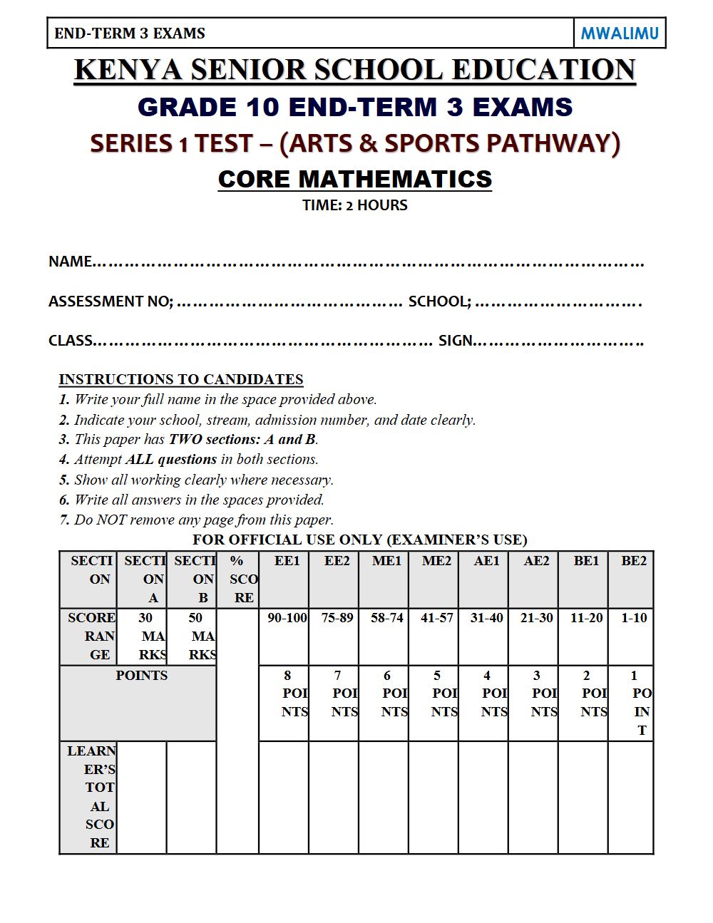 Preview of Grade 10 Core Mathematics Term 3 End-Term Paper 2 Exam 2026