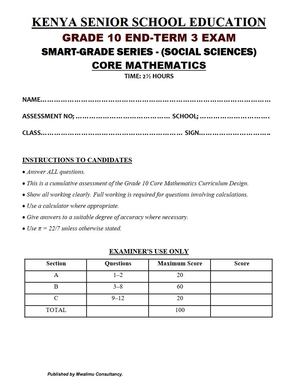 Thumbnail preview of Grade 10 Core Mathematics Paper 3 End Term 3 2026 Exam 7