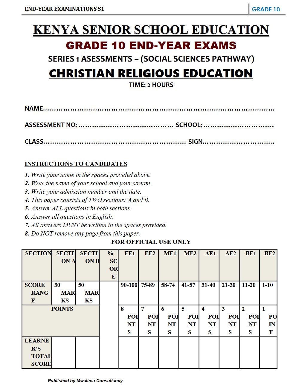 Preview of Grade 10 Christian Religious Education (CRE) End Term Exam 2026