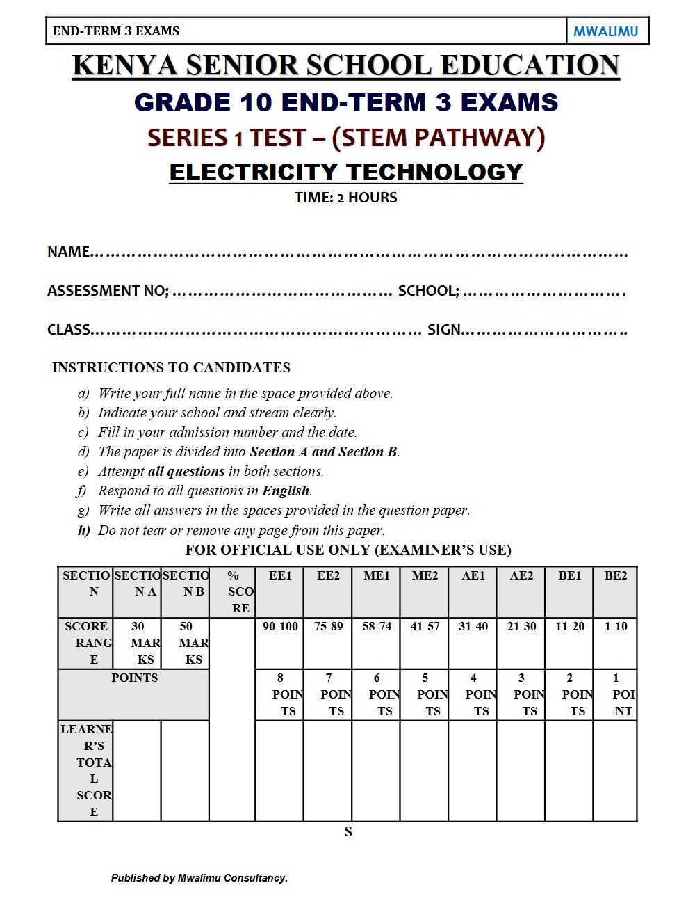 Thumbnail preview of Grade 10 Electricity Technology End Term 3 2026 Exam 6