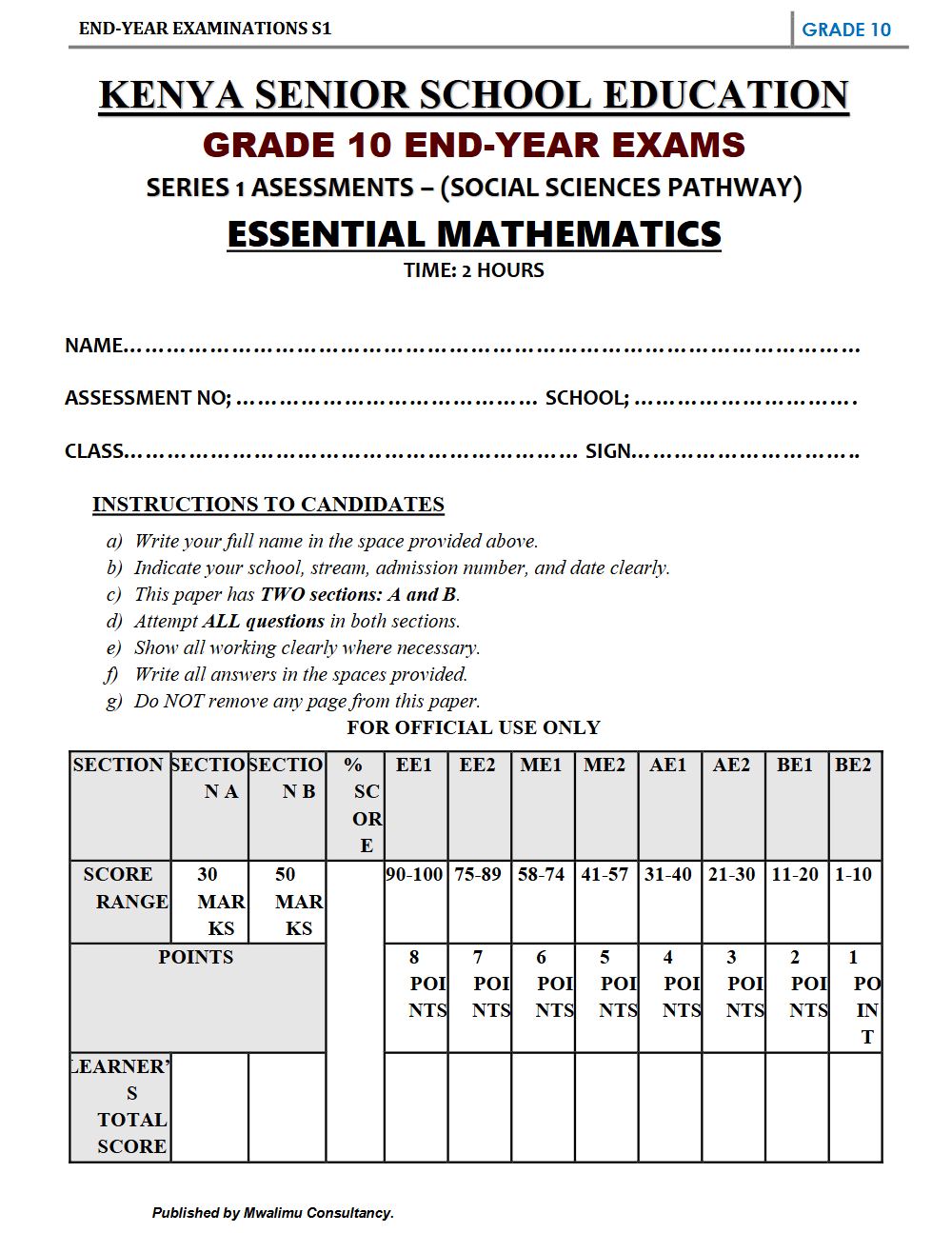 Preview of Grade 10 Essential Mathematics End Term Exam 2026