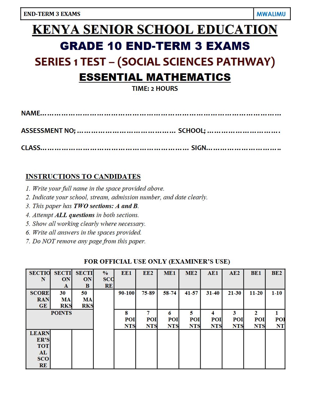 Preview of Grade 10 Essential Mathematics Term 3 End-Term Paper 1 Exam 2026