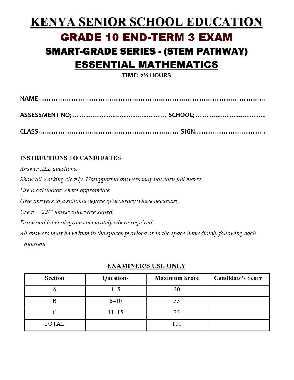 Thumbnail preview of Grade 10 Essential Mathematics Paper 1 End Term 3 2026 Exam 7