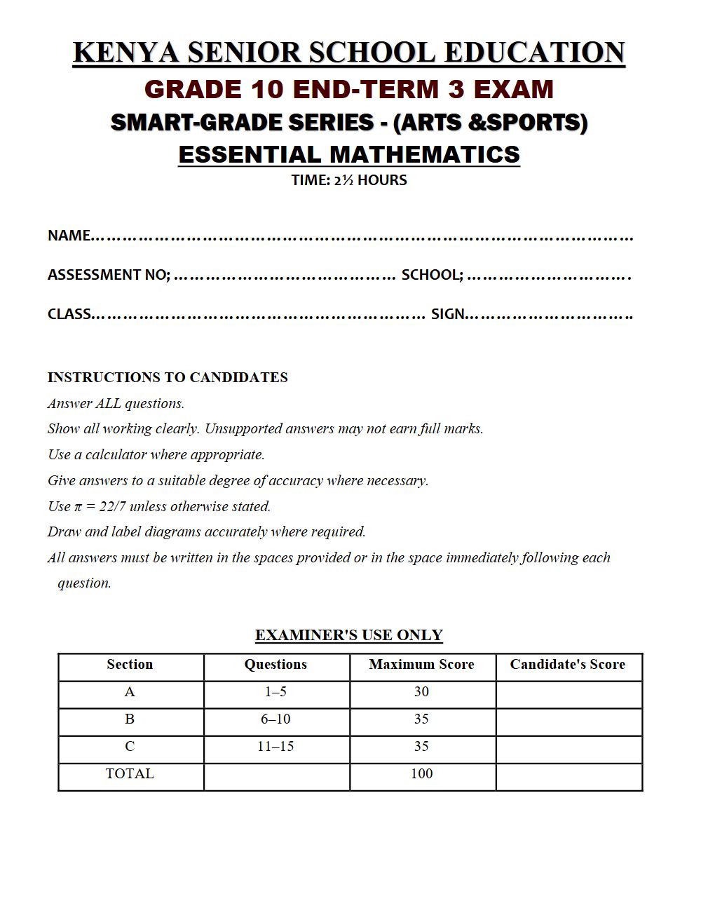 Thumbnail preview of Grade 10 Essential Mathematics Paper 2 End Term 3 2026 Exam 7