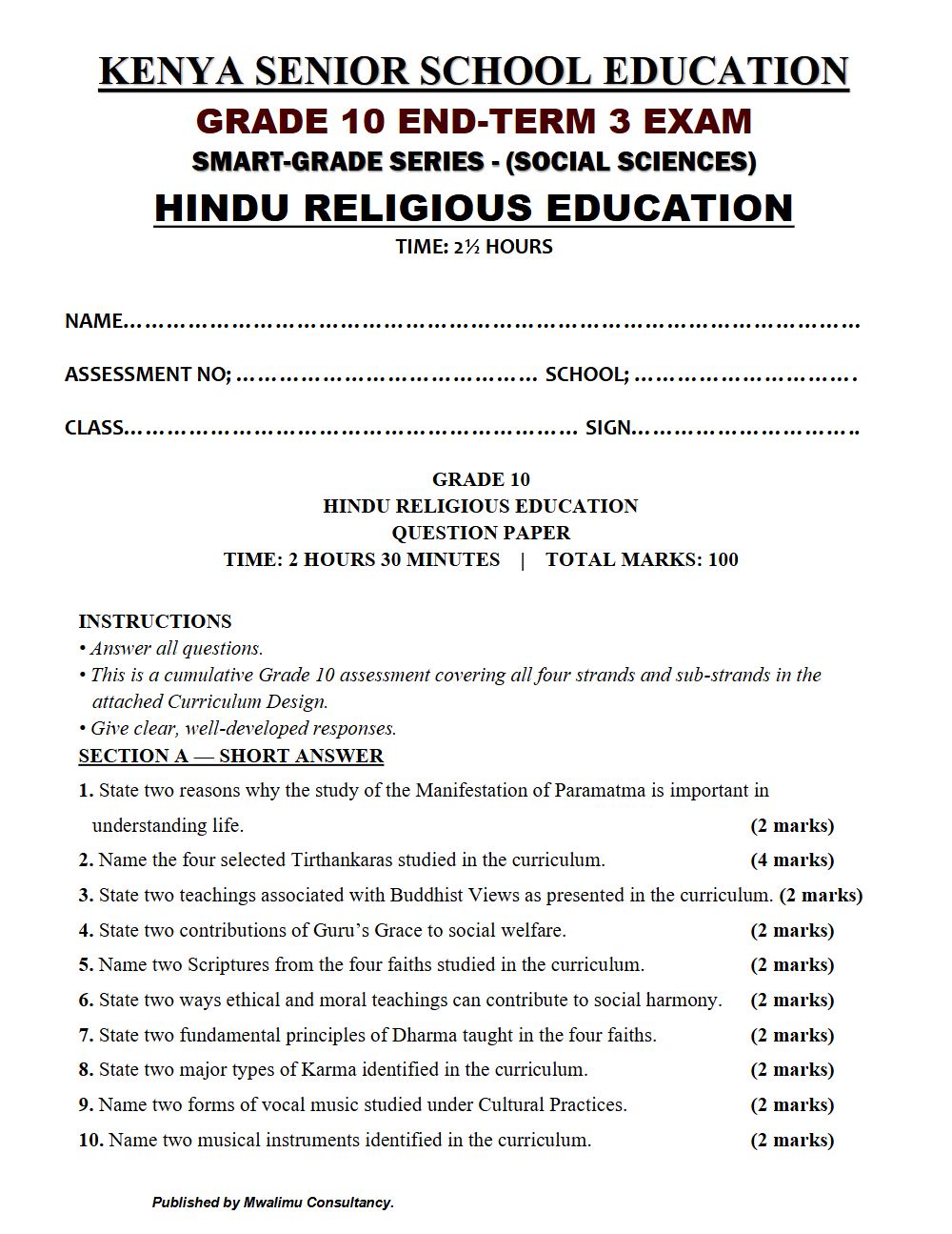 Preview of Grade 10 Hindu Religious Education (HRE) Term 3 End-Term Exam 2026