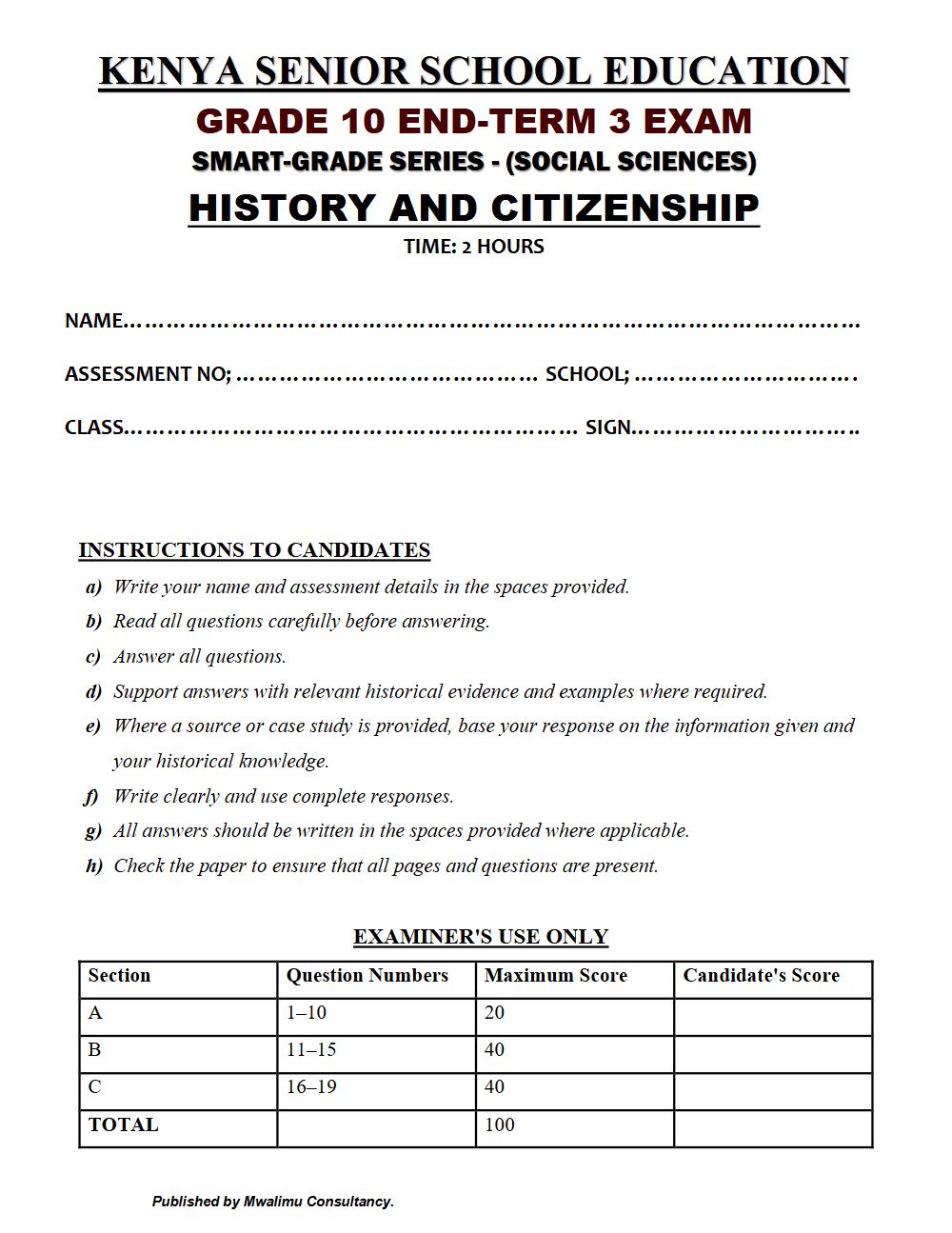 Thumbnail preview of Grade 10 History And Citizenship End Term 3 2026 Exam 7