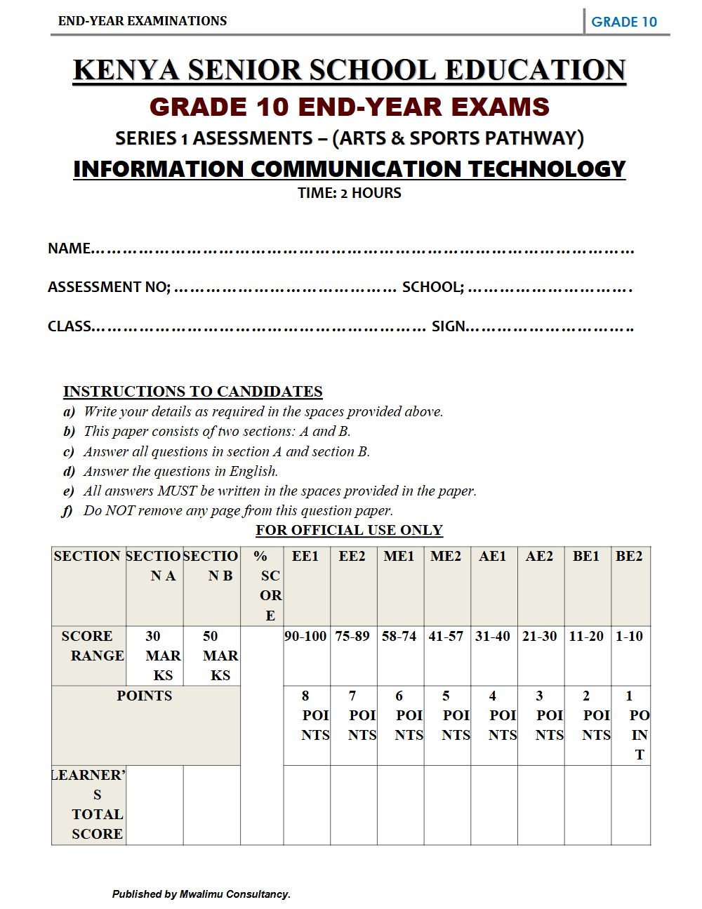Thumbnail preview of Grade 10 Information Communication Technology End Term 3 2026 Exam 5
