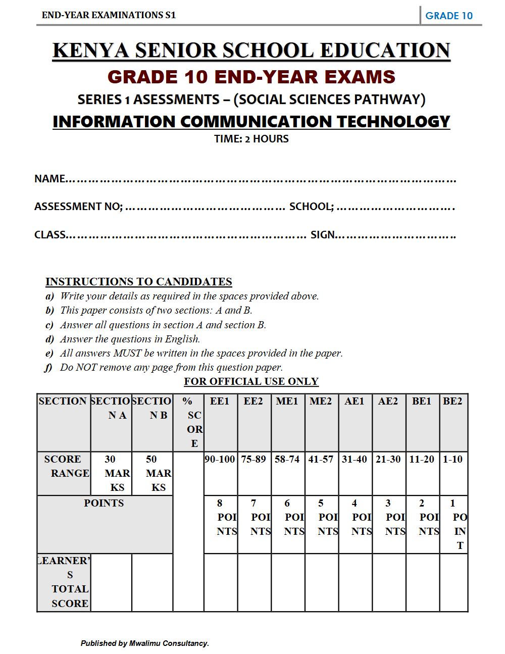 Thumbnail preview of Grade 10 Information Communication Technology Paper 1 End Term 3 2026 Exam 4