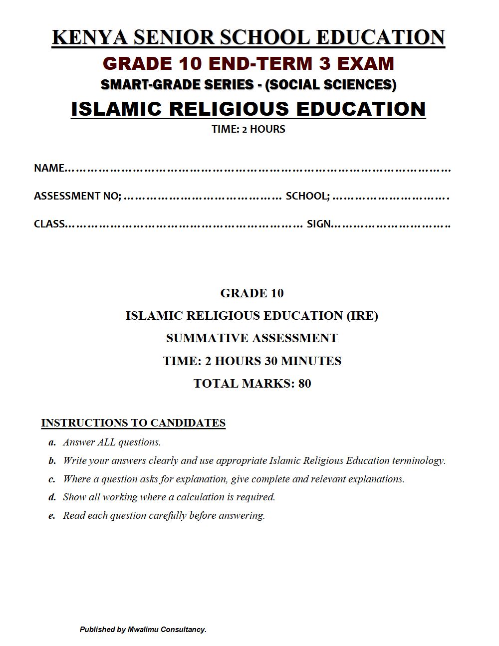 Preview of Grade 10 Islamic Religious Education (IRE) Term 3 End-Term Exam 2026