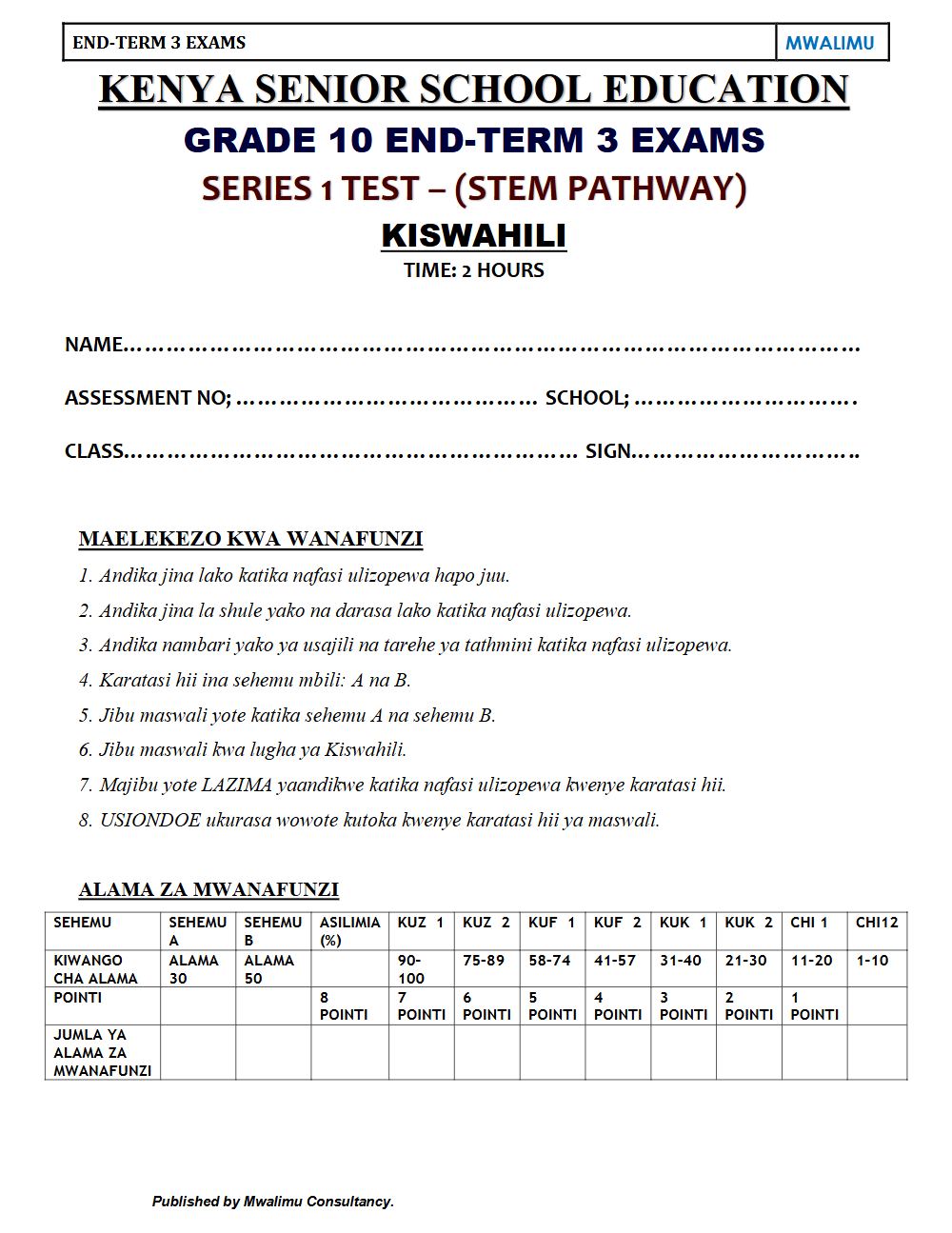 Preview of Grade 10 Kiswahili Term 3 End-Term Paper 3 Exam 2026