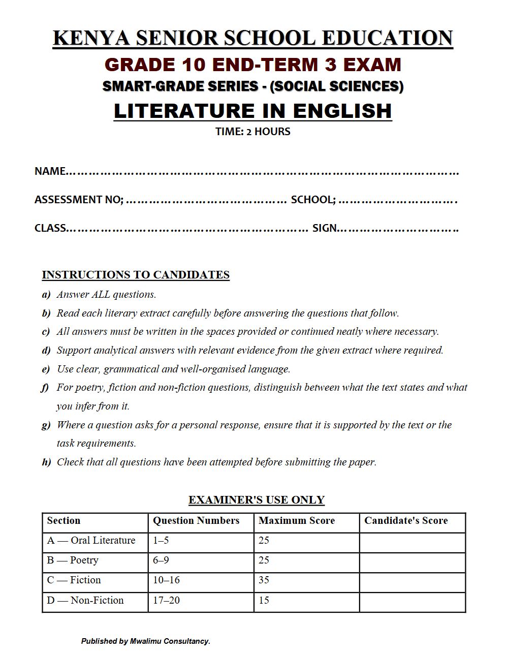 Thumbnail preview of Grade 10 Literature In English End Term 3 2026 Exam 7