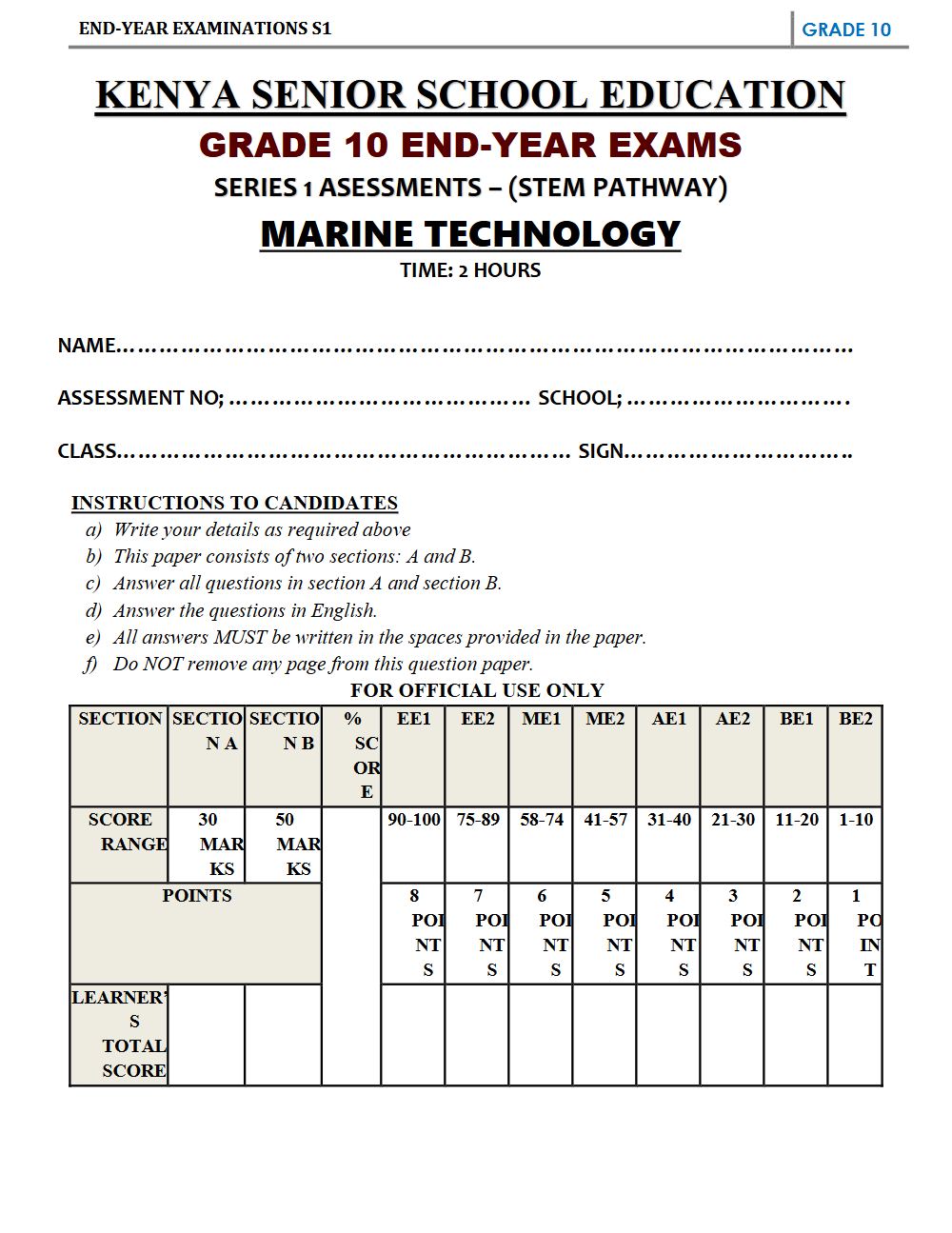 Thumbnail preview of Grade 10 Marine Technology End Term 3 2026 Exam 4