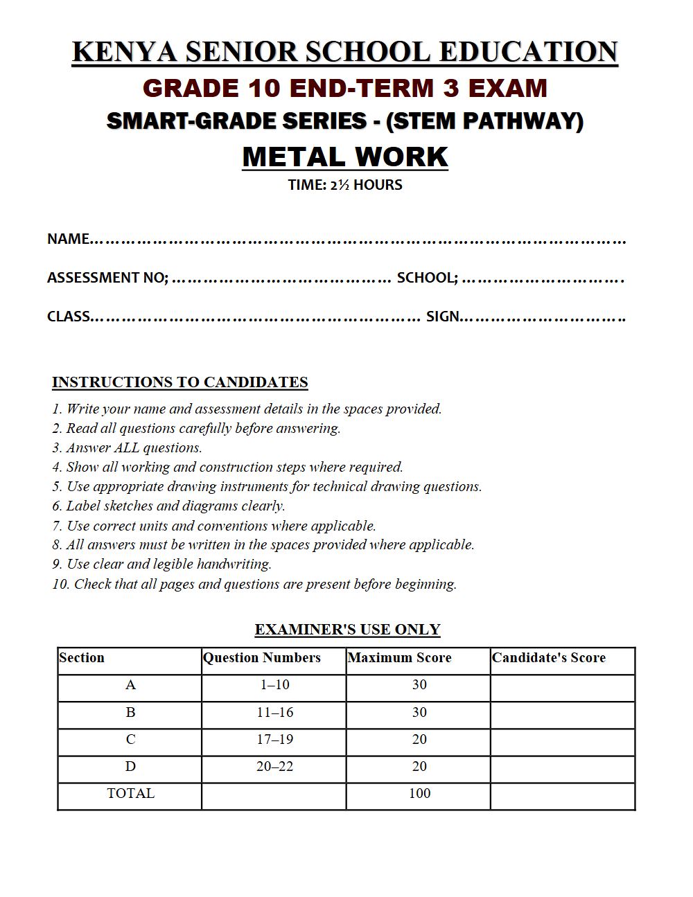 Thumbnail preview of Grade 10 Metal Work End Term 3 2026 Exam 7