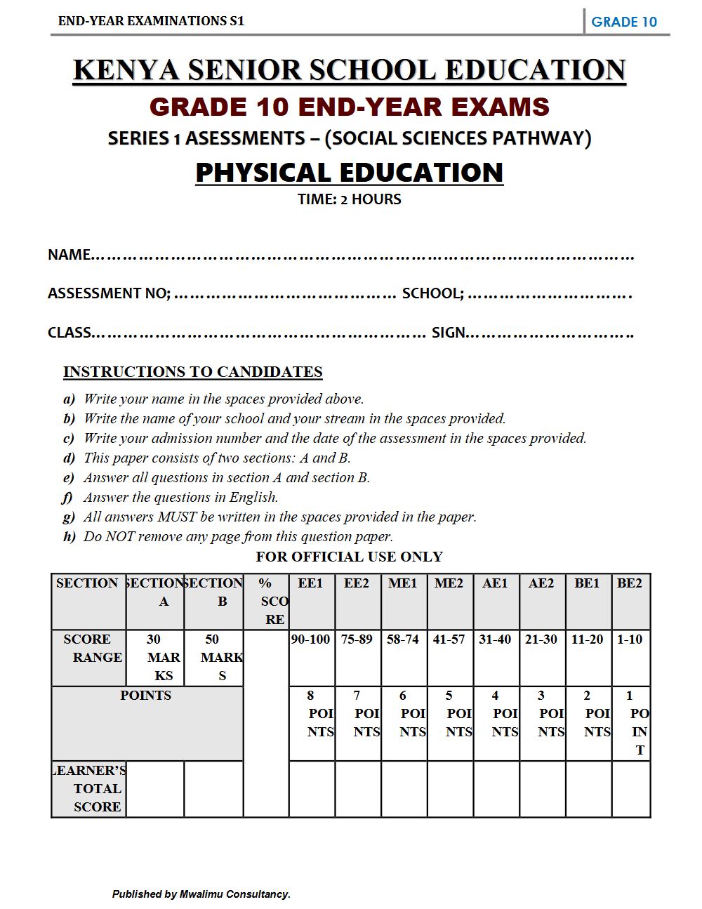 Thumbnail preview of Grade 10 Physical Education Paper 1 End Term 3 2026 Exam 4