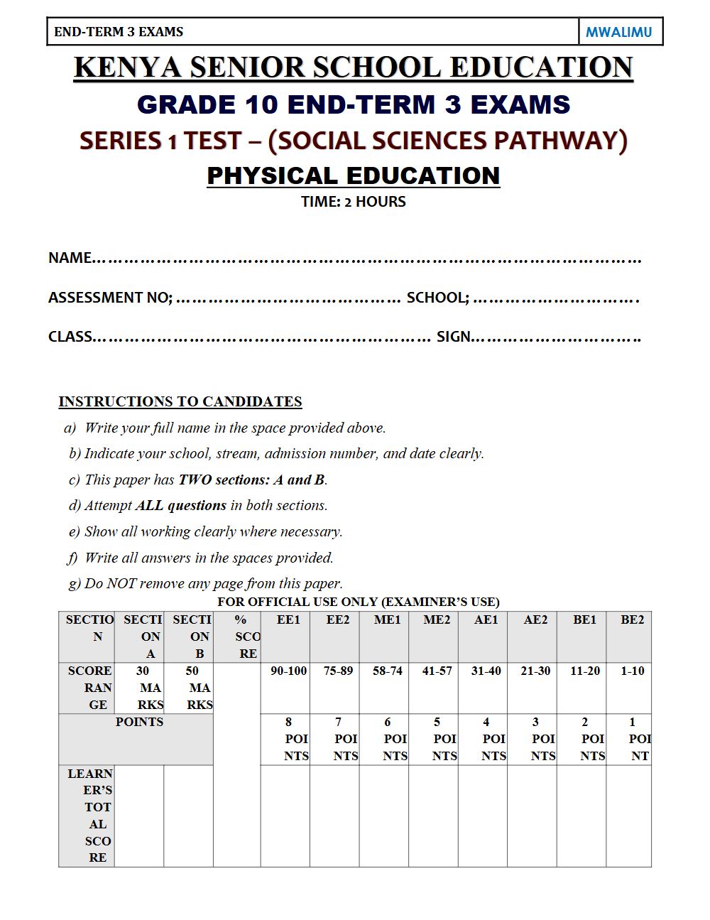 Preview of Grade 10 Physical Education Term 3 End-Term Paper 1 Exam 2026