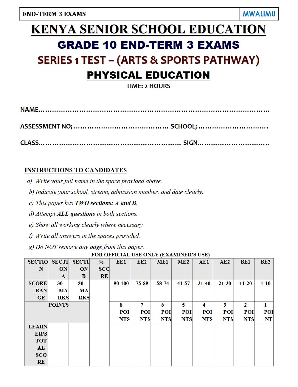 Preview of Grade 10 Physical Education Term 3 End-Term Paper 2 Exam 2026