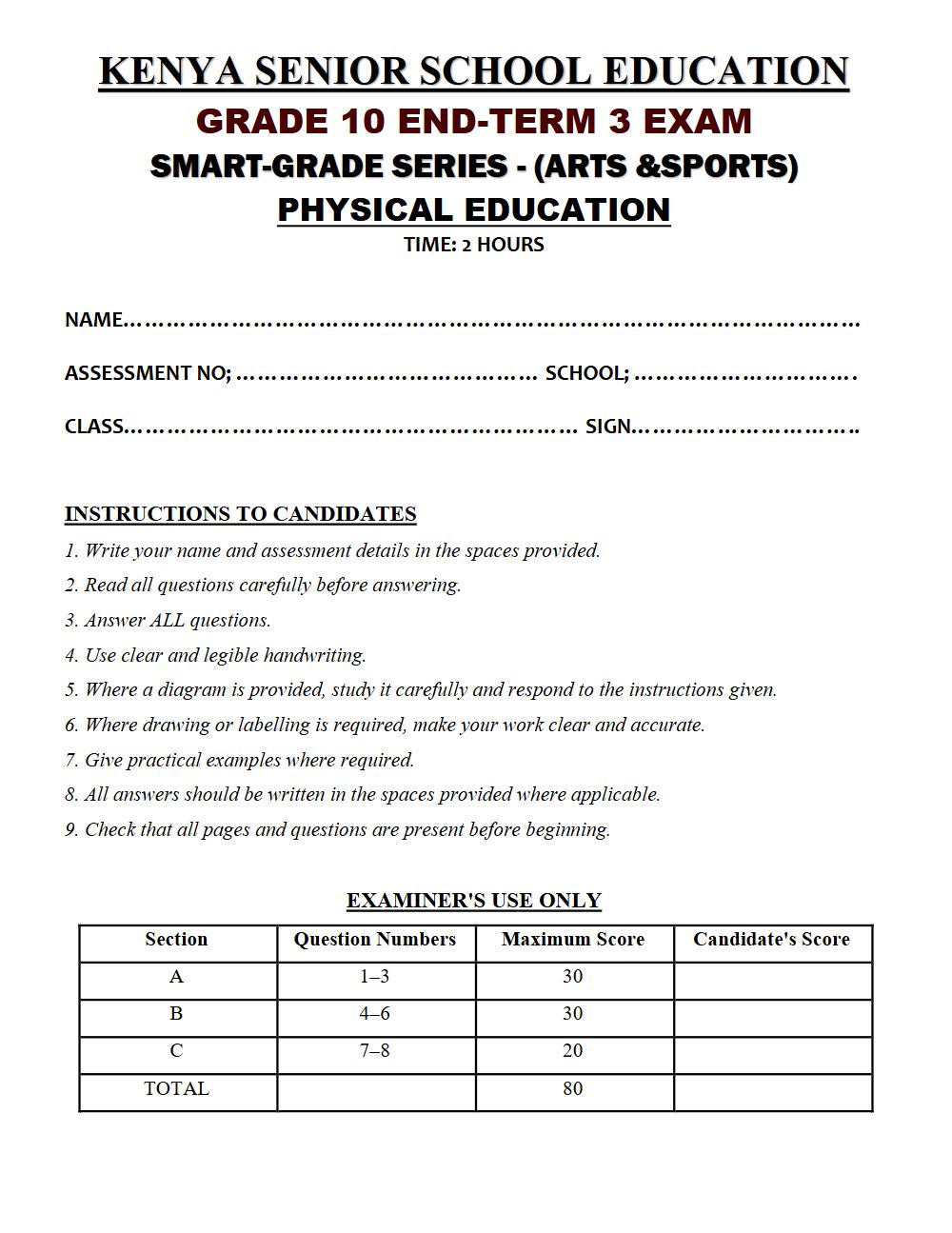 Thumbnail preview of Grade 10 Physical Education Paper 2 End Term 3 2026 Exam 7