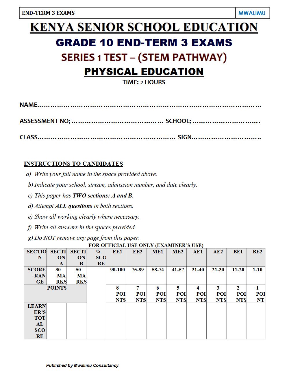 Thumbnail preview of Grade 10 Physical Education Paper 3 End Term 3 2026 Exam 6