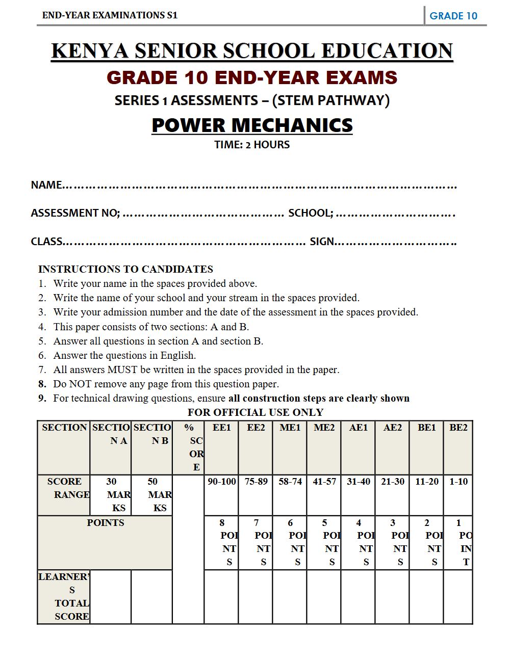 Preview of Grade 10 Power and Mechanics Term 3 End-Term Exam 2026