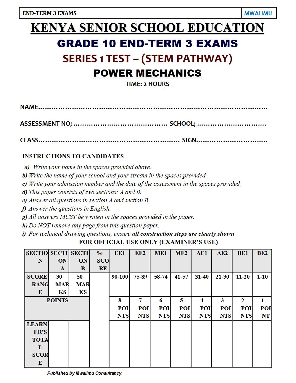 Preview of Grade 10 Power and Mechanics Term 3 End-Term Exam 2026