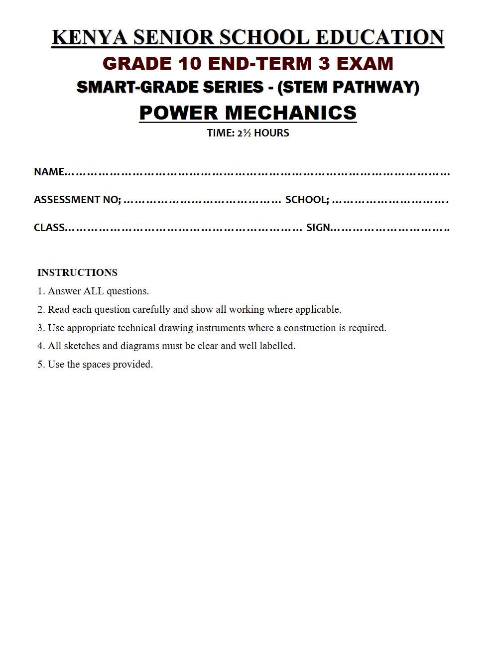 Thumbnail preview of Grade 10 Power Mechanics End Term 3 2026 Exam 7