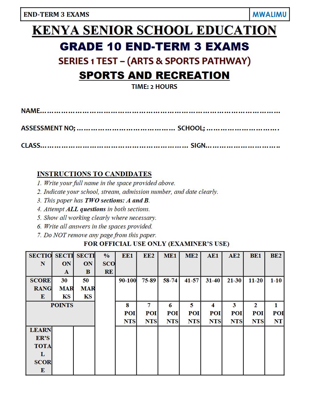 Thumbnail preview of Grade 10 Sports And Recreation End Term 3 2026 Exam 6