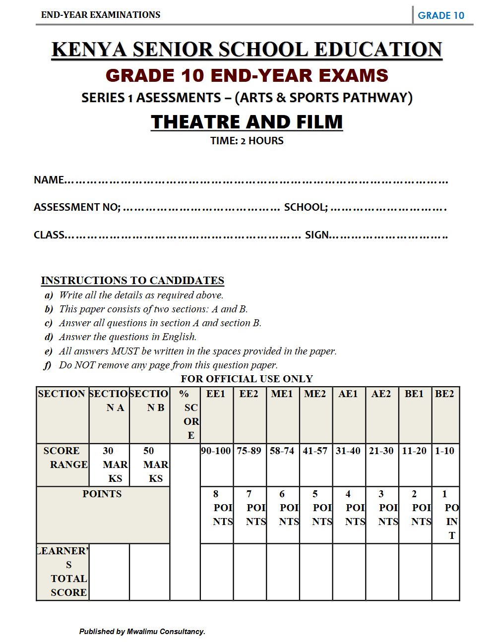 Preview of Grade 10 Theatre and Film Technology Term 3 End-Term Exam 2026