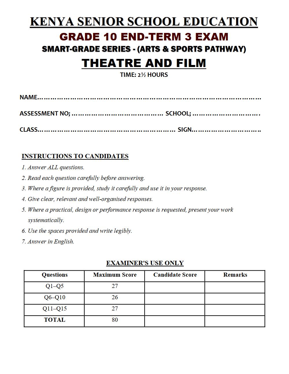 Thumbnail preview of Grade 10 Theatre And Film End Term 3 2026 Exam 7
