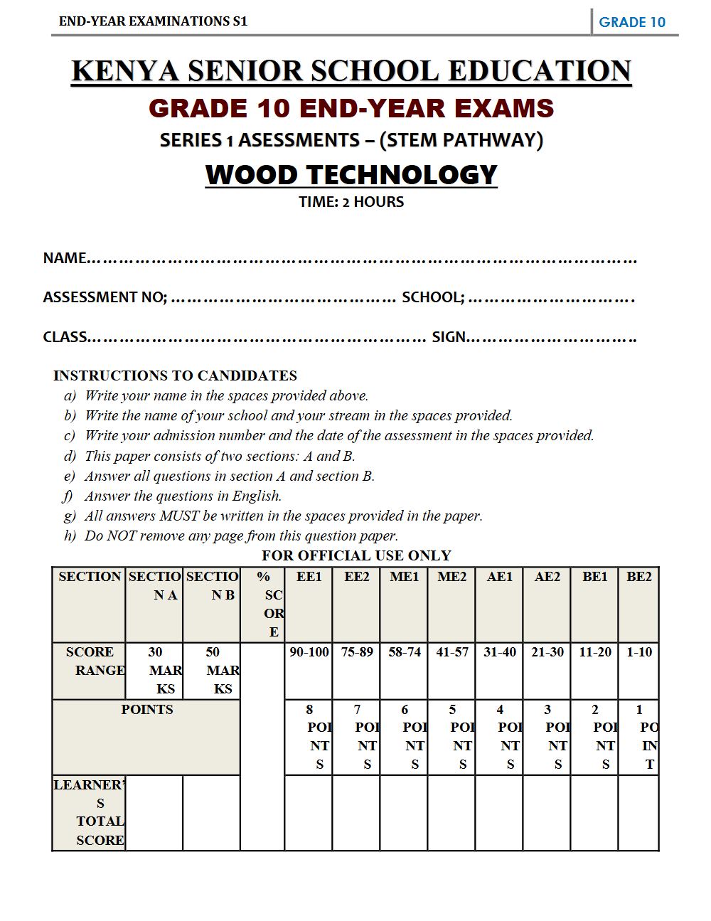 Thumbnail preview of Grade 10 Wood Technology End Term 3 2026 Exam 4