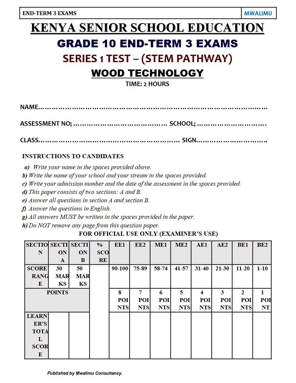 Preview of Grade 10 Wood Technology Term 3 End-Term Exam 2026
